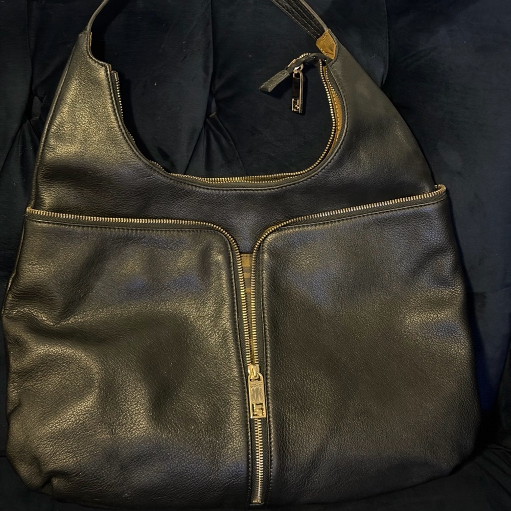 Black Leather Hobo Bag with Gold Hardware